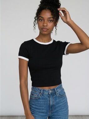 Divided Black Crop Ringer Tee with White Trim - Women